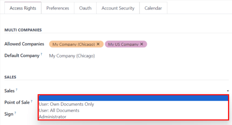 The Sales apps drop-down menu to set the user's level of permissions.