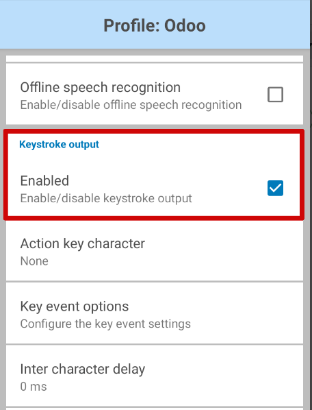 ZebraスキャナのDataWedgeアプリのキーストロークオプションの表示。