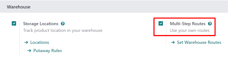在庫設定で複数ステップルートと保管ロケーションを有効化します。