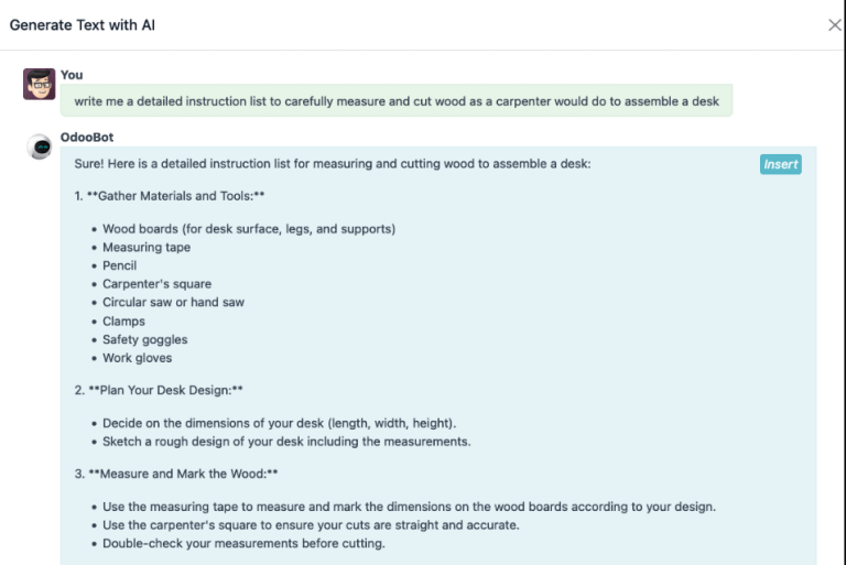 Show ChatGPT feature to generate instructions for a work order.