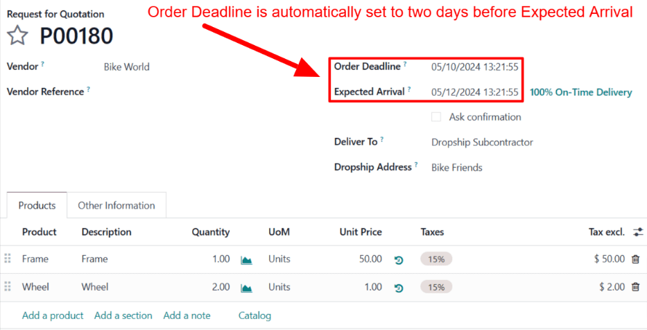 The Order Deadline and Expected Arrival dates on a dropship order.