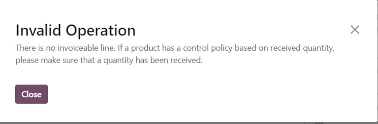 Invalid Operation pop-up window for billed Purchase Order.