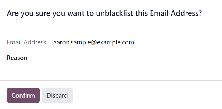 View of the unblacklist pop-up window in the Odoo Email Marketing application.