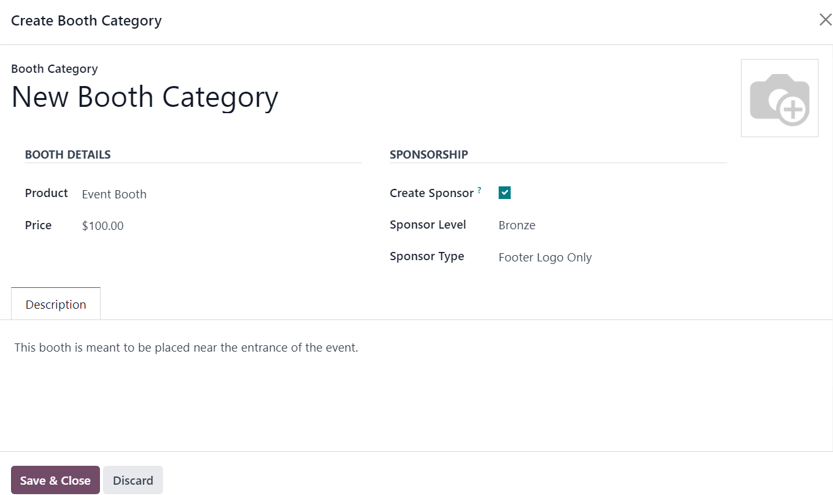 The Create Booth Category pop-up window in the Odoo Events application.