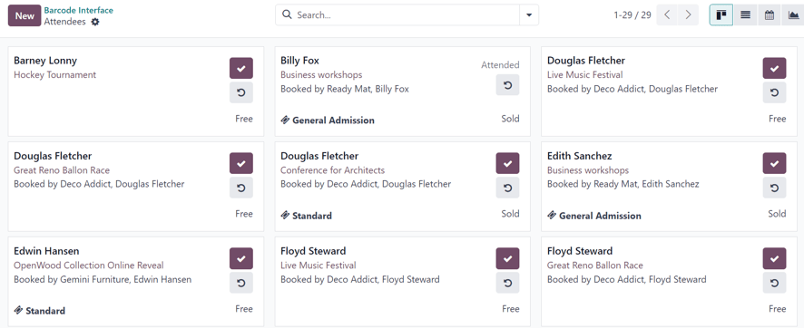 The Attendees page, via the Registration Desk, located in the Odoo Events application.