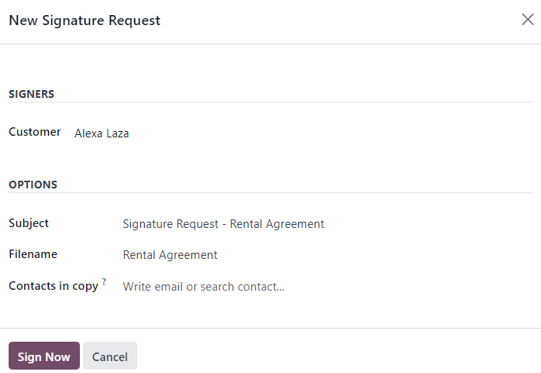 Odooレンタルアプリケーションに表示される新規署名要求ポップアップウィンドウ。