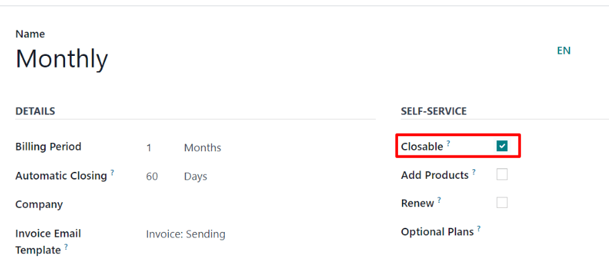 Odooサブスクリプションの定期プランのフォームにあるクローズ可能オプション。