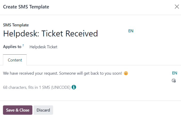View of an SMS template setup page in Odoo Helpdesk
