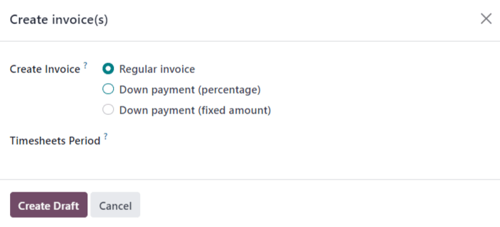 View of create invoices pop up showing timesheets period fields.