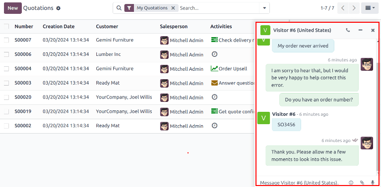 Odoo 데이터베이스의 실시간 채팅 팝업 창 보기.