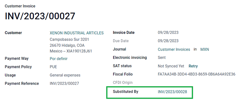 대체 기준 항목으로 CFDI 원산지 청구서를 기재한 청구서