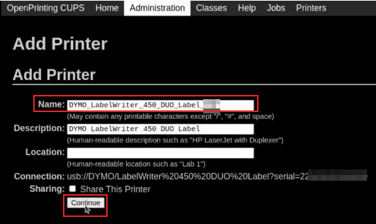 Rename printer page in the 'Add a Printer' flow, with the name field highlighted.