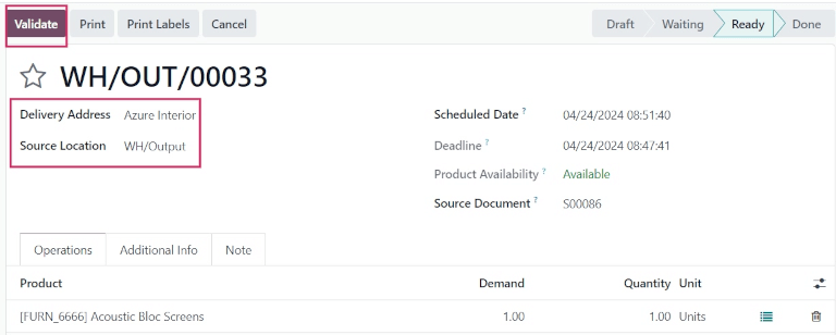 Delivery order form for products ordered by customer.