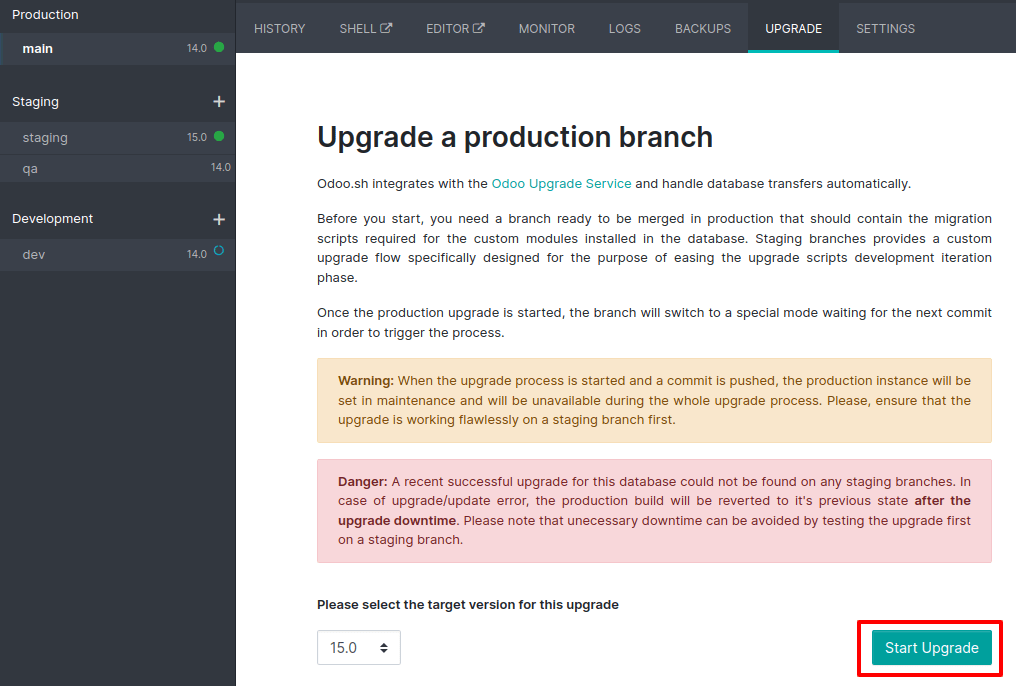 Visualização da aba de upgrade