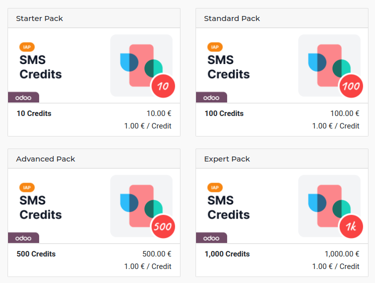 Os quatro pacotes diferentes de créditos do serviço SMS IAP.