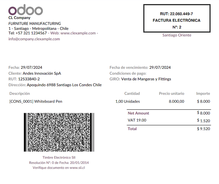 Fiscal elements and barcode printed in accepted invoices.