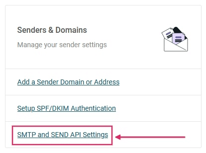 Link das definições das APIs SMTP e SEND na seção Remetentes e Domínios do Mailjet.