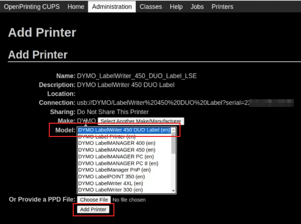 Escolha a tela do modelo no console do OpenPrinting CUPS com o modelo e adicione uma impressora destacada.