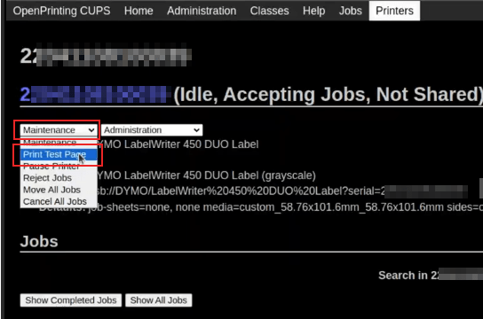 Impressão de uma página de teste no menu suspenso de administração do servidor OpenPrinting CUPs.