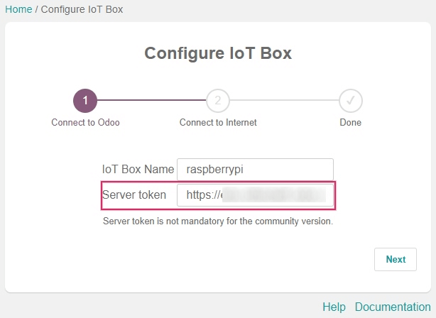 Digite o token do servidor na IoT box.