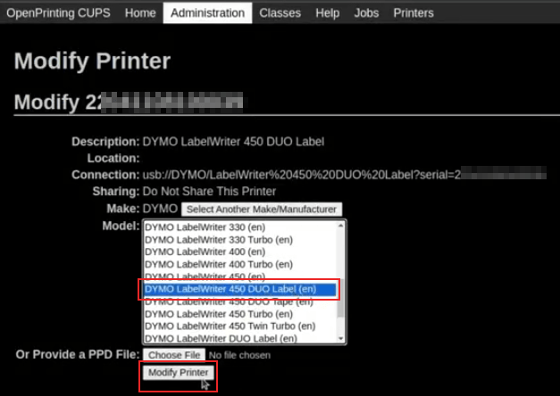 Configuração da página do modelo da impressora com a DYMO LabelWriter 450 DUO Label (en) destacada.