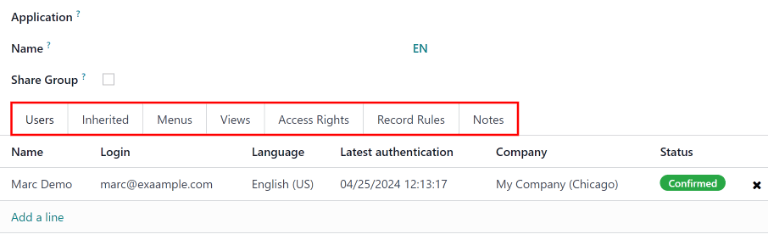 Abas no formulário Grupos para modificar as configurações do grupo.