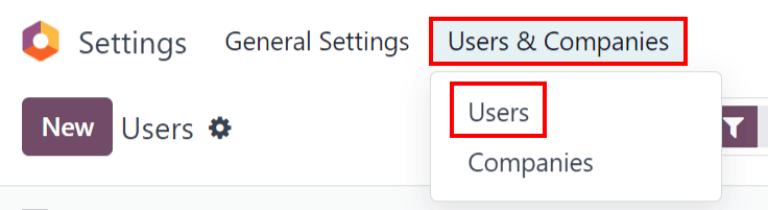 Menu Usuários na seção Usuários e Empresas do aplicativo Definições do Odoo.