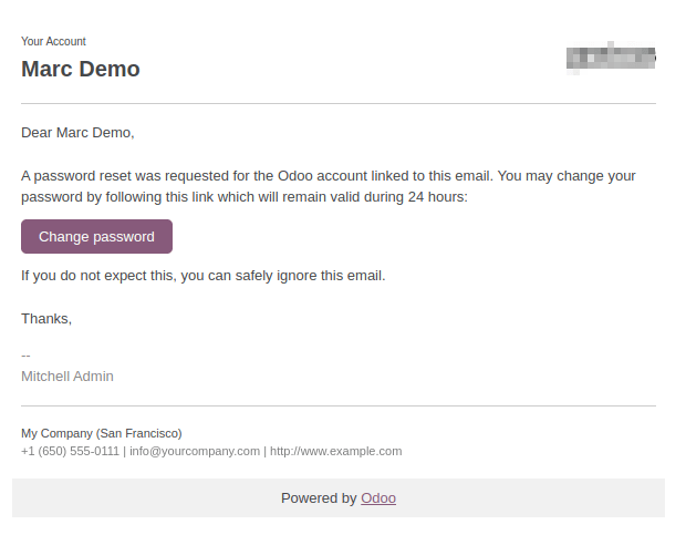 Exemplo de um e-mail com um link de redefinição de senha para uma conta Odoo.