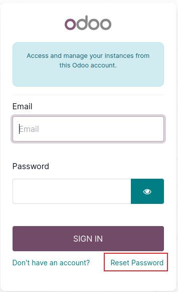 Tela de login no Odoo.com com a opção de redefinição de senha destacada.