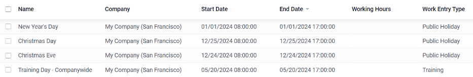 A lista de feriados públicos no menu de configuração.