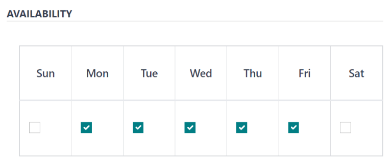 A visualização padrão da seção de disponibilidade, com a opção Seg-Sexta ativada.