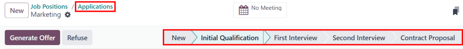 Para alterar o estágio de um candidato, clique no estágio desejado na parte superior do cartão do candidato .