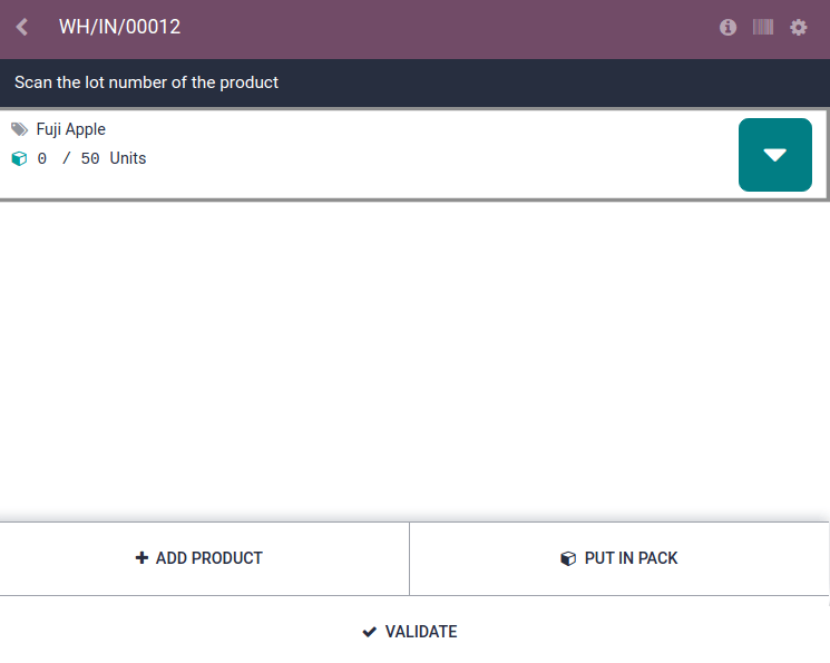 Ler o código de barras de um produto na página de separação de recebimentos no app *Código de barras*.