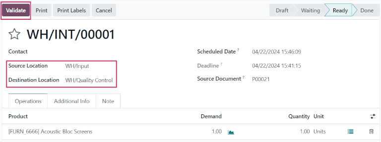 Transferência interna para o produto que está sendo movido para a zona de controle de qualidade.