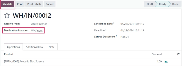 Operação de recebimento do produto que está sendo movido para o local WH/Input.