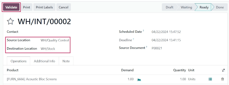 Transferência interna para o produto que está sendo movido para o estoque do armazém.