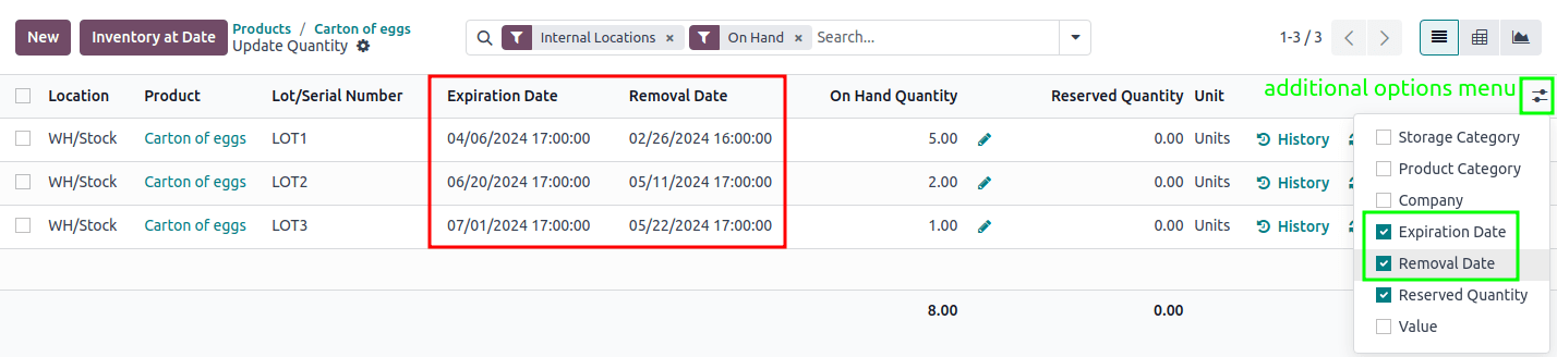 Mostrar as datas de expiração do modelo de ajustes de estoque acessado pelo botão *Em mãos* smart do formulário do produto.