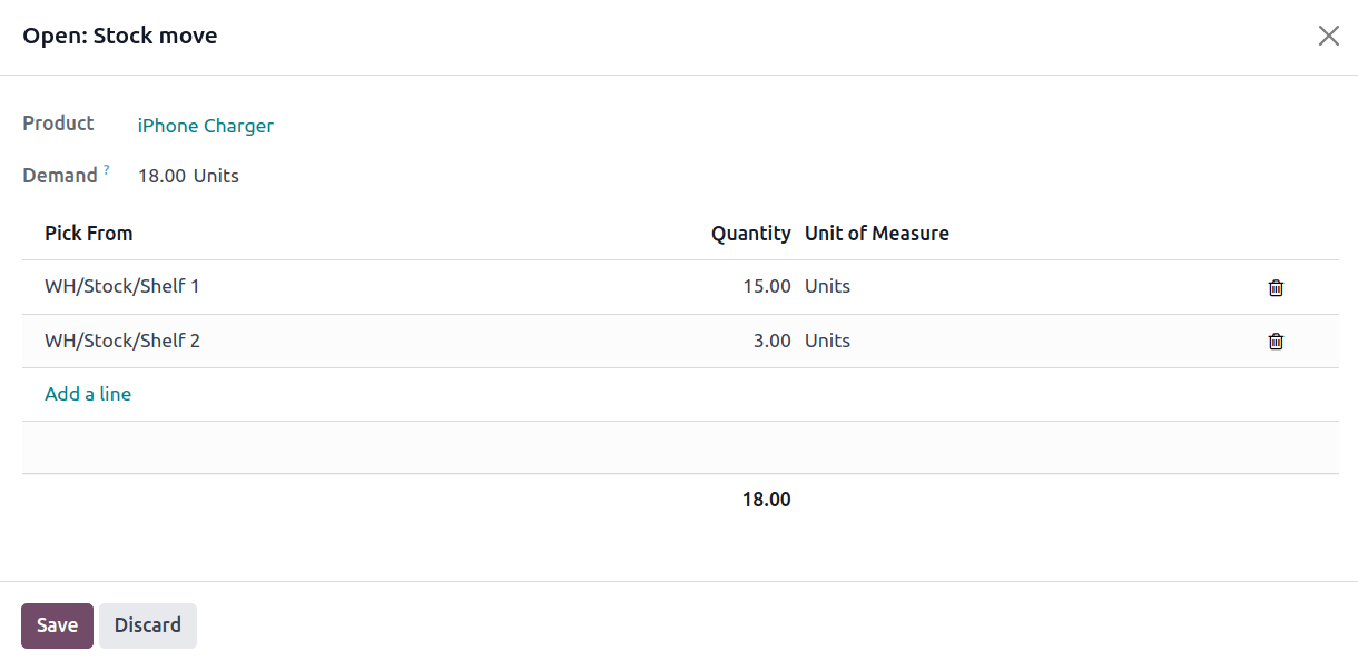 Exibir quantidades *Separar em* para o pedido de carregadores de iPhone.