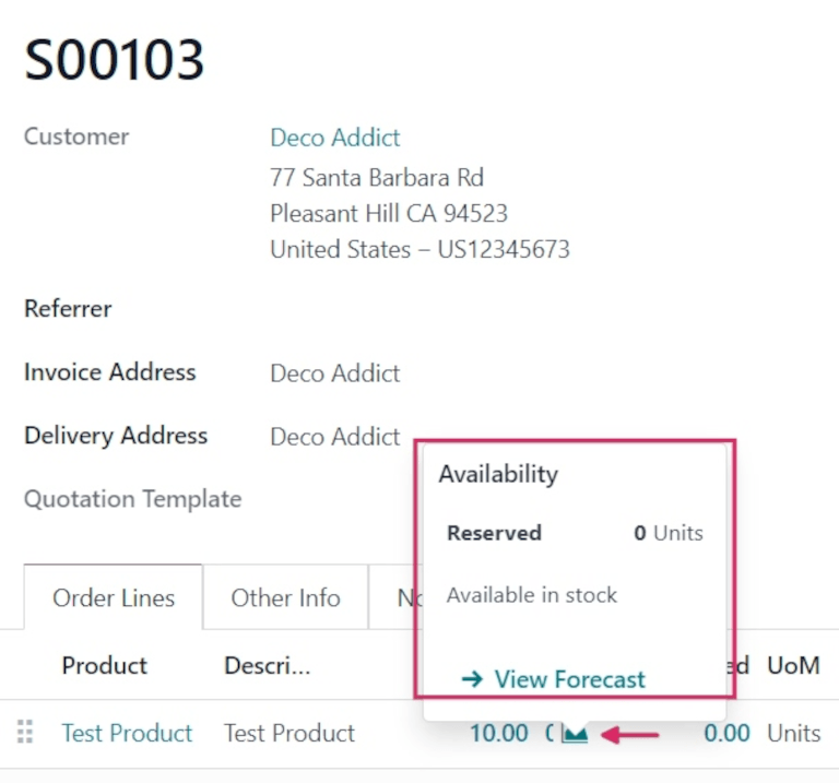 Pedido de vendas confirmado com a dica de ferramenta de disponibilidade do produto selecionada.