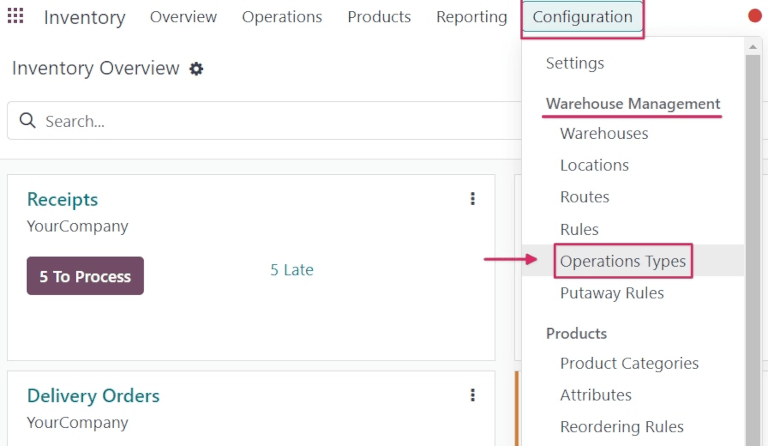 Tipos de operações destacados no submenu Configurações no aplicativo Inventário.