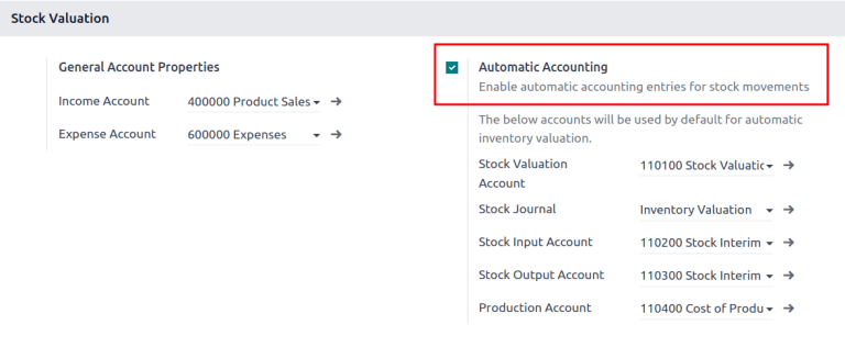 Recurso de contabilidade automática na seção Valoração de inventário da página Definições.