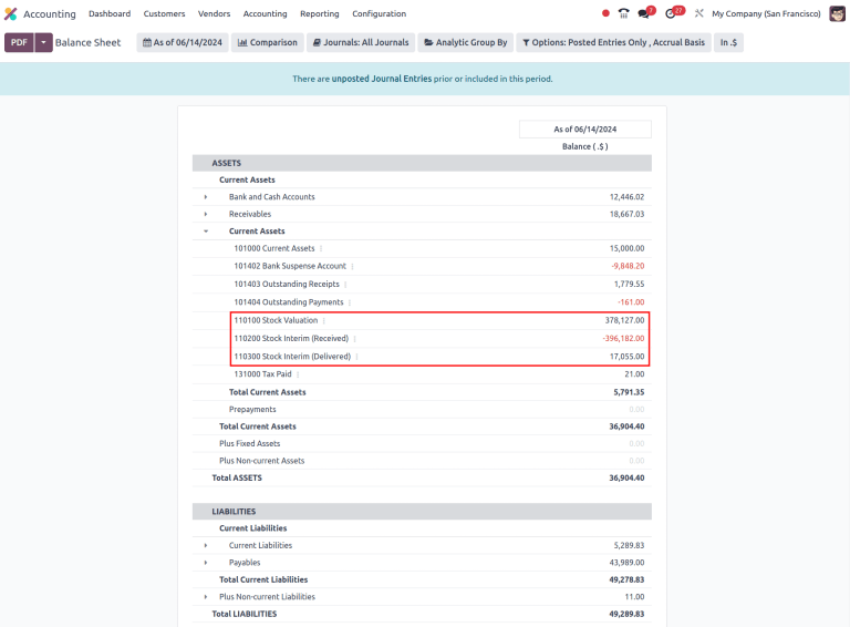 Ver o detalhamento completo da valoração do inventário no aplicativo Odoo Financeiro.