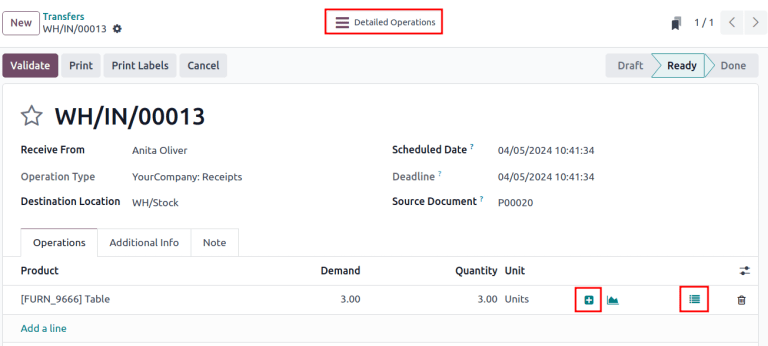 Exibir o botão inteligente Operações detalhadas e o ícone de lista com marcadores em um recebimento.