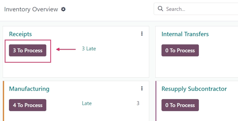 Botão Nº a processar no cartão de tarefa Recebimentos na página Visão geral do inventário.