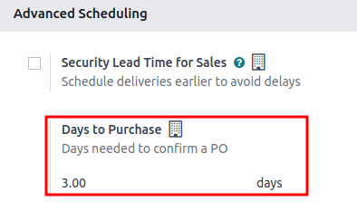 Configuração "Dias para compra" na página Definições.