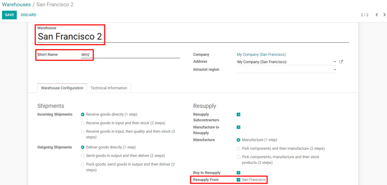 Um formulário de configurações de armazém configurado para permitir o reabastecimento entre armazéns.