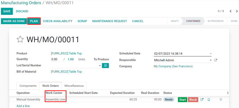 Clique no botão Planejar para selecionar automaticamente um centro de trabalho disponível.