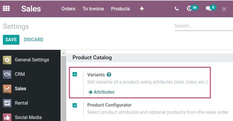 Seleção de "Variantes" nas configurações do aplicativo Inventário.