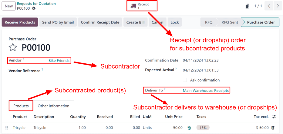 Um PO para um produto básico de subcontratação, com o botão inteligente Recebimento na parte superior da página.