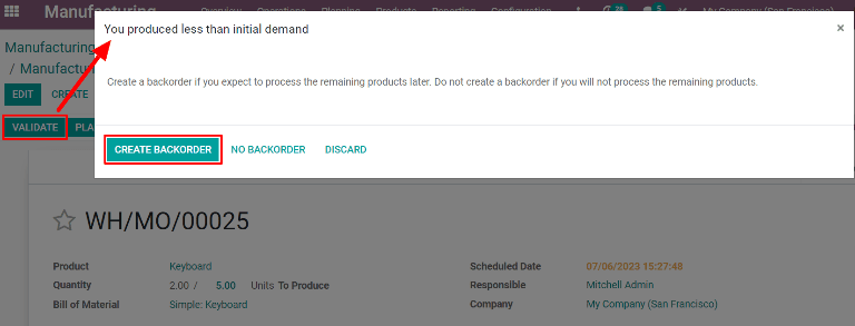 Botão Criar pedido em espera na janela pop-up "Você produziu menos do que a demanda inicial".